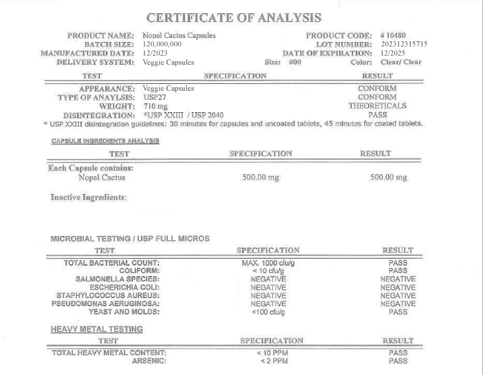 Certificate Nopal Powder Cactus Capsules