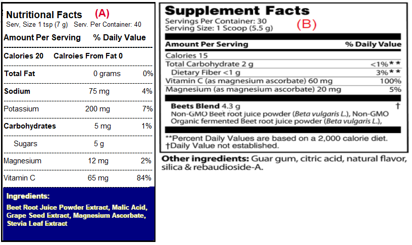 Nopal Powder Capsules (Prickly Pea) Super Red Beets Product Label
